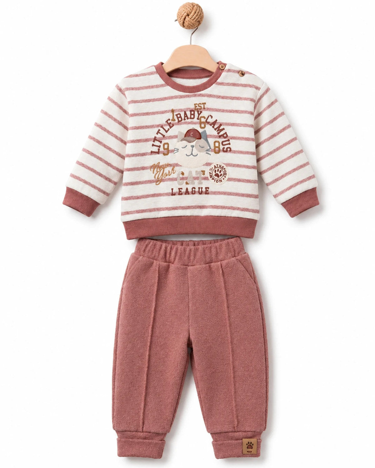 BabyCosy organik pamuk bebek eşofman takımı; Little Baby Campus baskılı ekru-kiremit çizgili sweatshirt ve kiremit pantolon