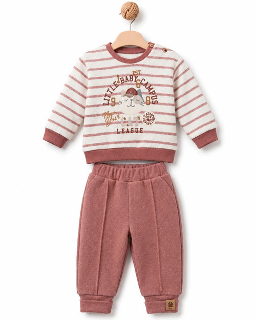 BabyCosy organik pamuk bebek eşofman takımı; Little Baby Campus baskılı ekru-kiremit çizgili sweatshirt ve kiremit pantolon