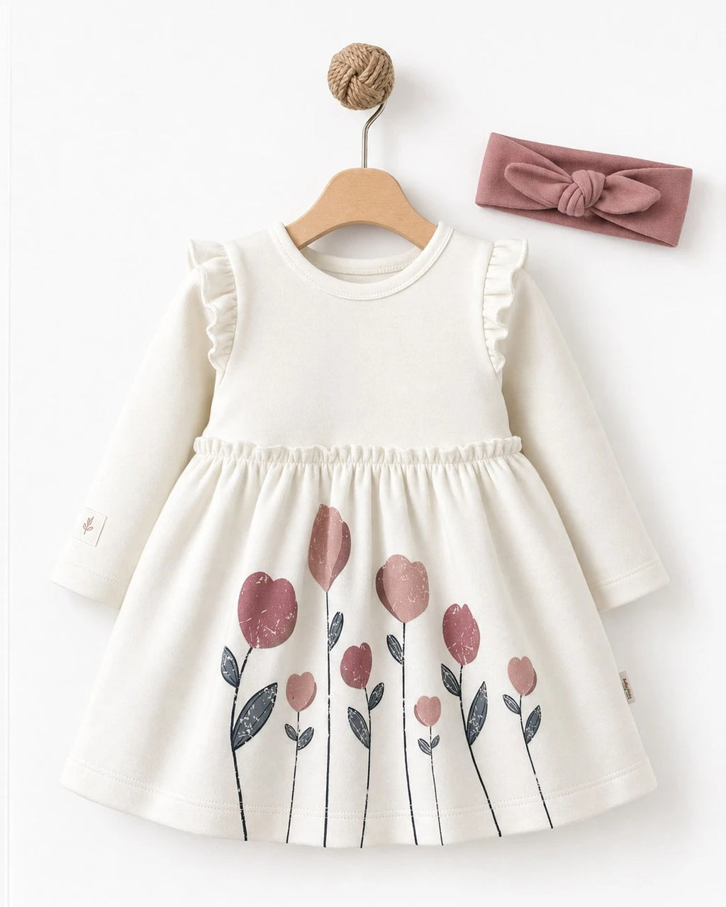 BabyCosy organik pamuk kız bebek elbise ve bandana seti; eteği çiçek baskılı fırfırlı ekru elbise ve gül kurusu bandana