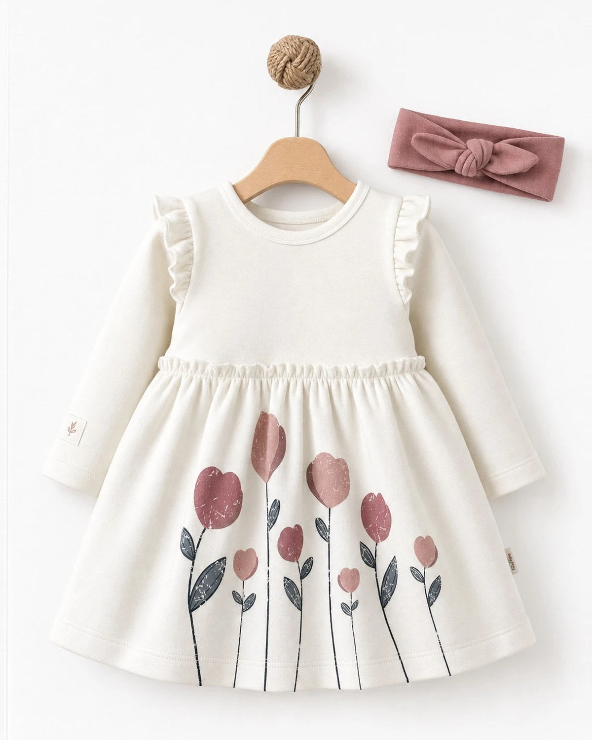 BabyCosy organik pamuk kız bebek elbise ve bandana seti; eteği çiçek baskılı fırfırlı ekru elbise ve gül kurusu bandana
