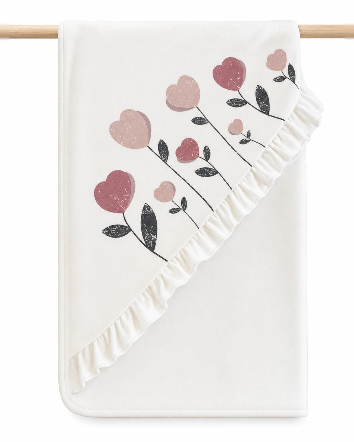 BabyCosy organik pamuk çift katlı bebek battaniyesi; köşesi çiçek baskılı, fırfır kenarlı ekru battaniye, 85x100 cm