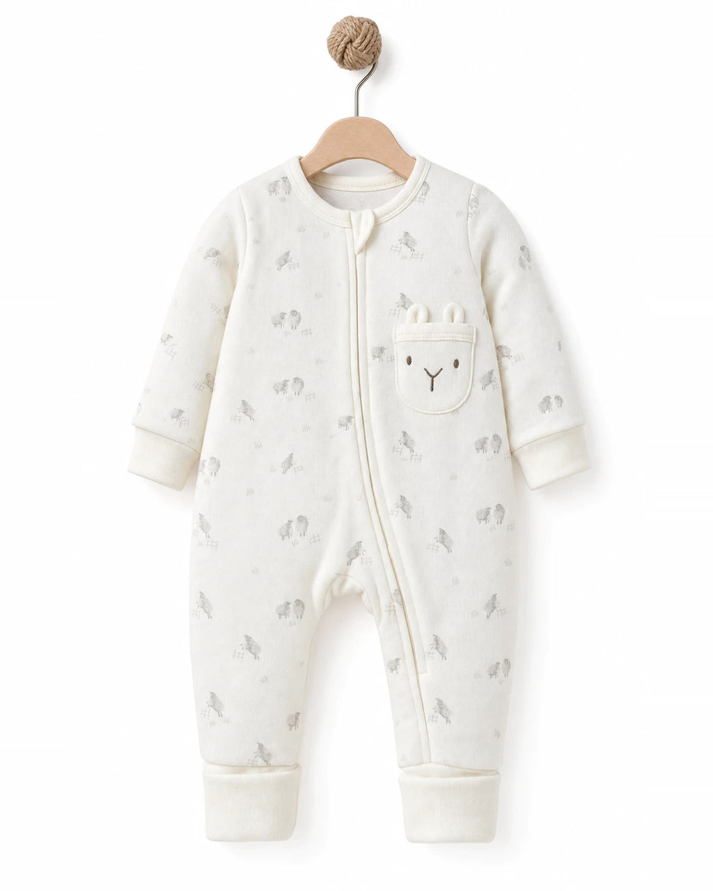 BabyCosy organik pamuk fermuarlı bebek tulumu, askıda kuzu desenli ekru tulum ve kulaklı kuzu cebi