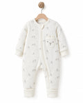 BabyCosy organik pamuk fermuarlı bebek tulumu, askıda kuzu desenli ekru tulum ve kulaklı kuzu cebi