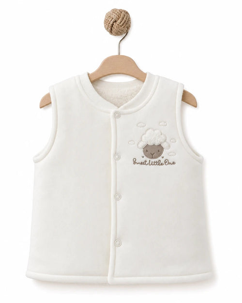 BabyCosy organik pamuk kuzu aplikeli bebek yelek, askıda önden çıtçıtlı ekru yelek