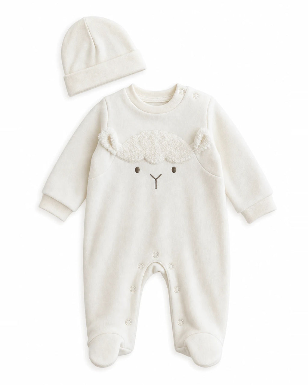 BabyCosy kuzu aplikeli patikli tulum ve kenarı kıvrık ekru şapka, düz zeminde