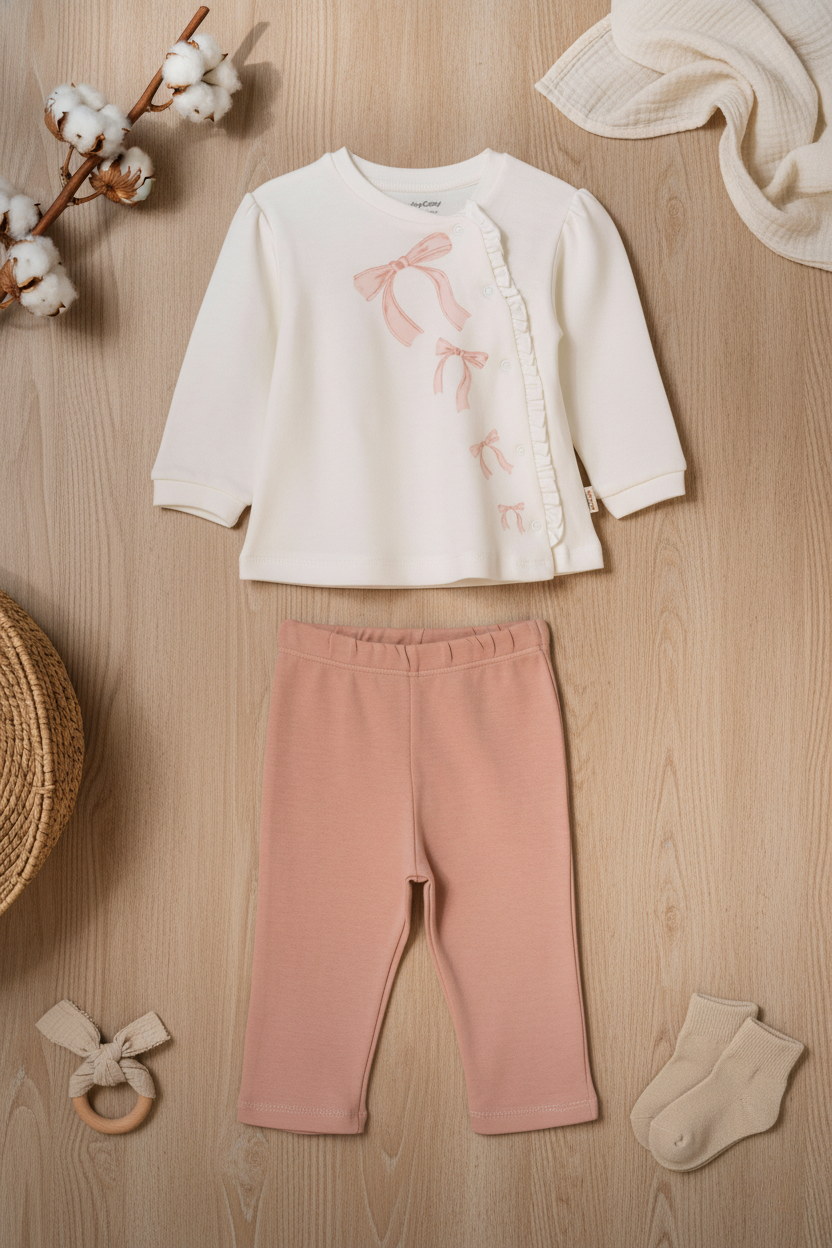 Organik Pamuk Yan Düğmeli Fiyonklu Takım – Bow Koleksiyonu