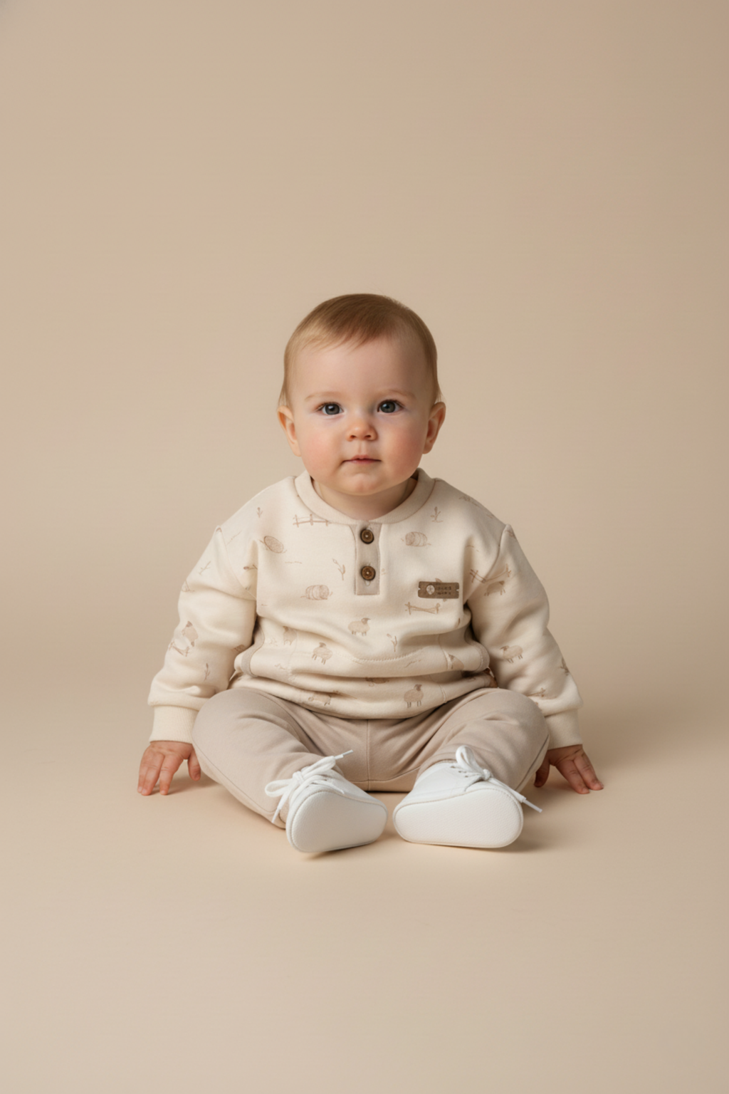 Organik Pamuk Kuzu Desenli Bej Sweatshirt ve Pantolon 2’li Takım - Lamb Koleksiyonu