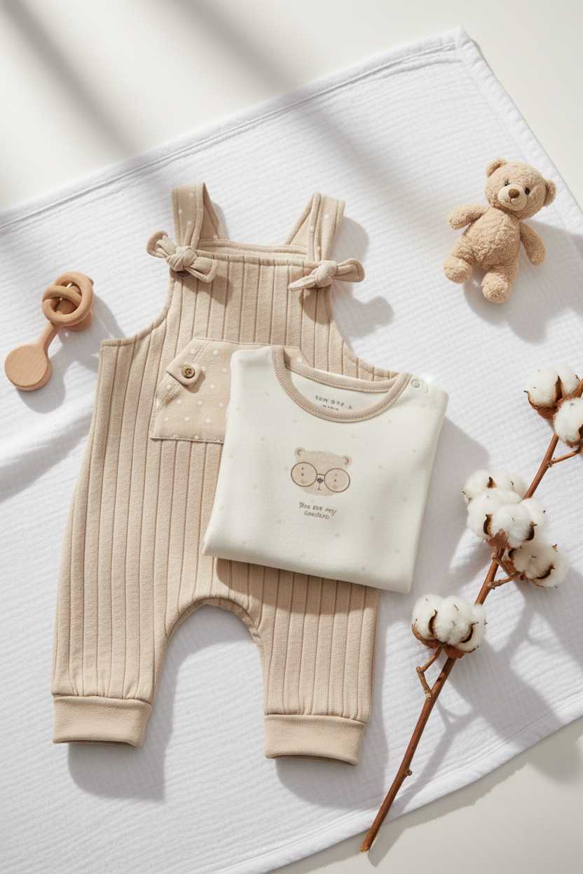 Organik Pamuk Puantiyeli Askılı Tulum – Teddy Bear Koleksiyonu