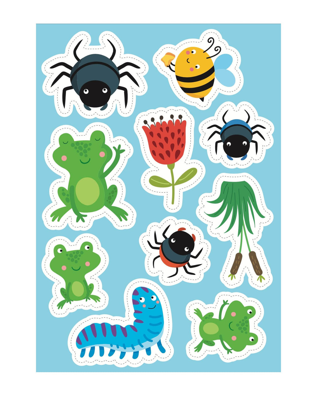 Mavi zeminli sticker sayfası, örümcek, arı, kurbağa ve çiçek sticker'ları