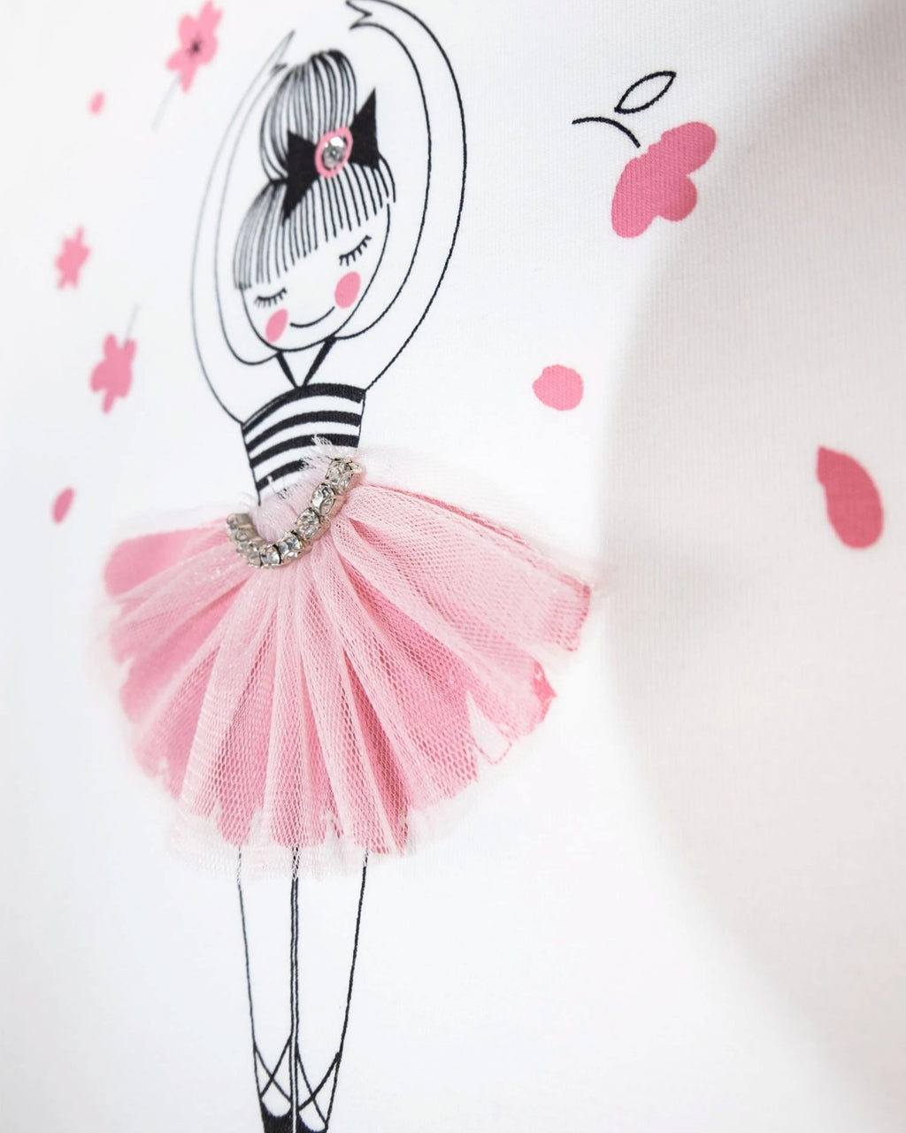 Taş ve Tül Detaylı Balerin Baskılı Beyaz Yazlık Kız Bebek Tişört | 6-18 Ay