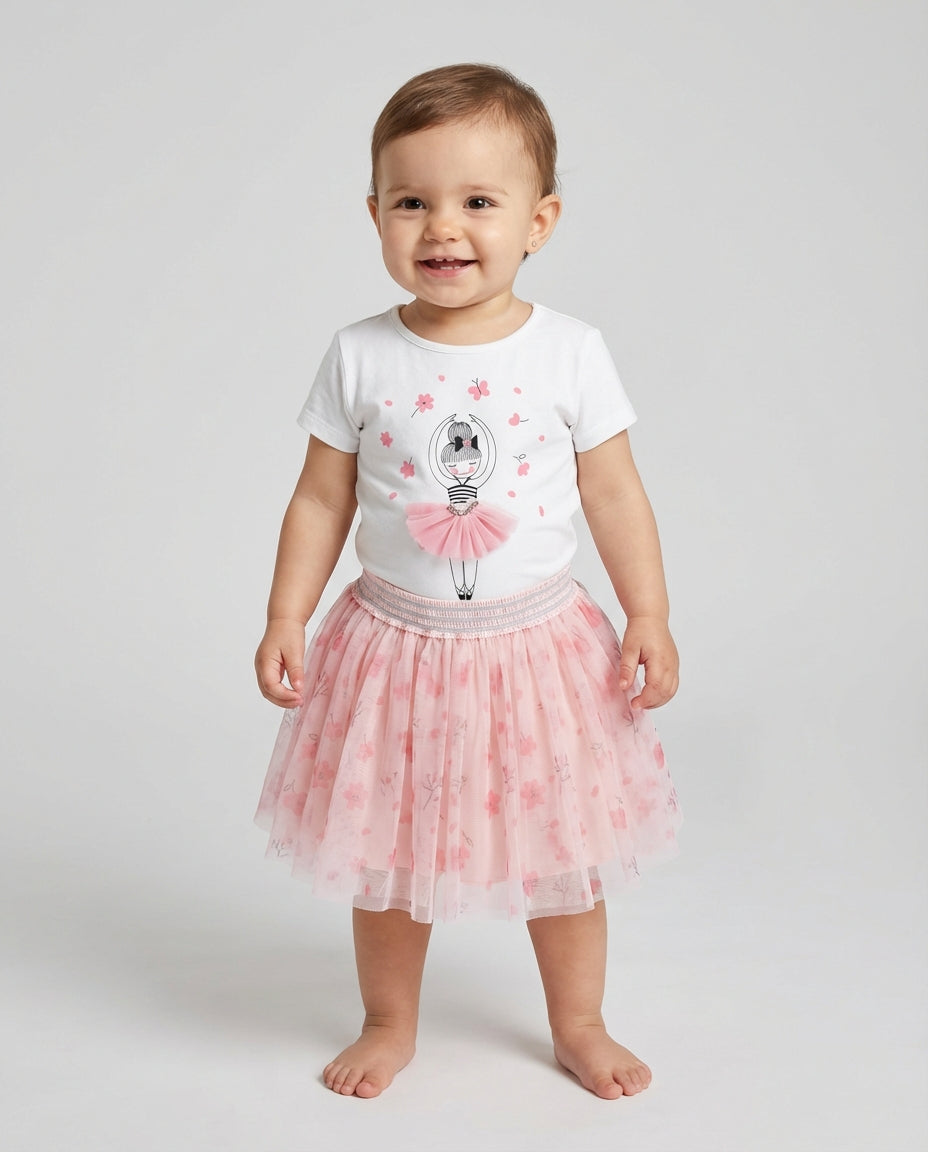 Taş ve Tül Detaylı Balerin Baskılı Beyaz Yazlık Kız Bebek Tişört | 6-18 Ay