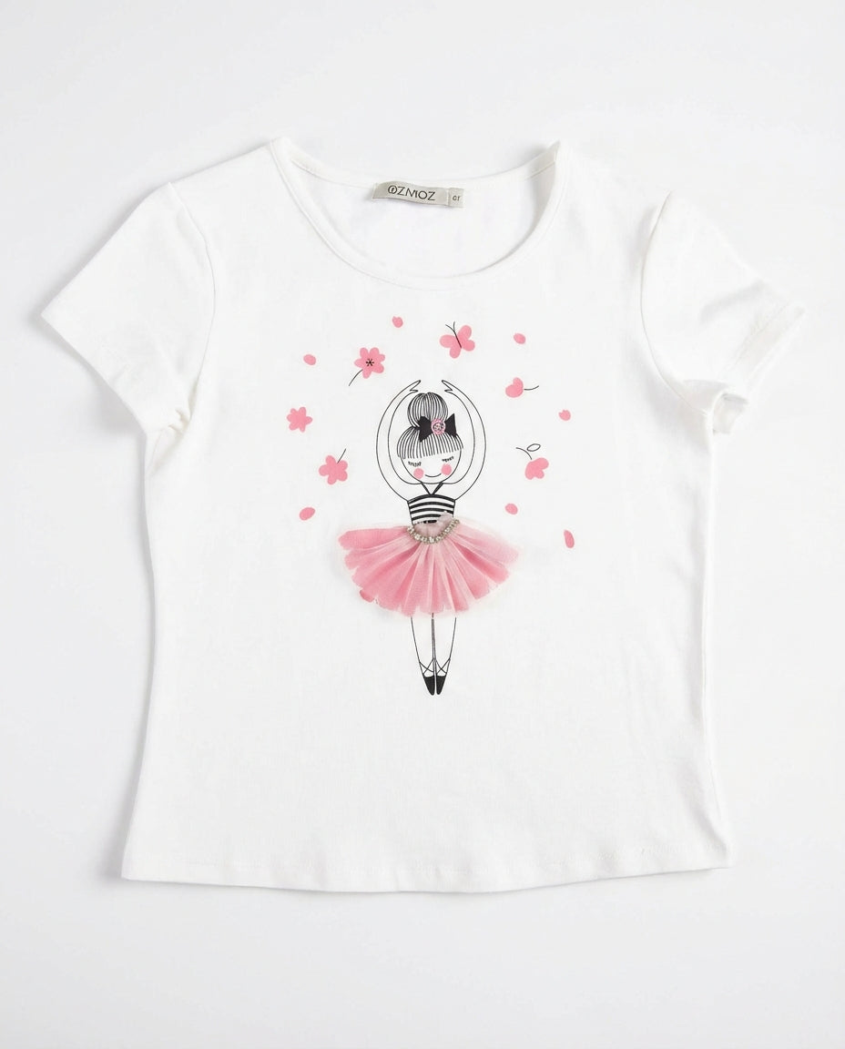 Taş ve Tül Detaylı Balerin Baskılı Beyaz Yazlık Kız Bebek Tişört | 6-18 Ay