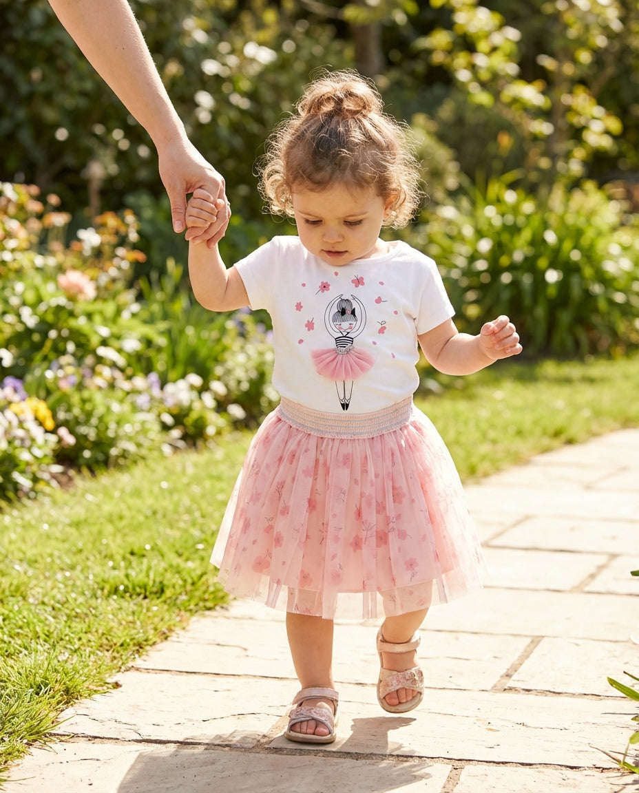 Çiçek Baskılı Pembe Kız Bebek Tütü Etek | 6-18 Ay