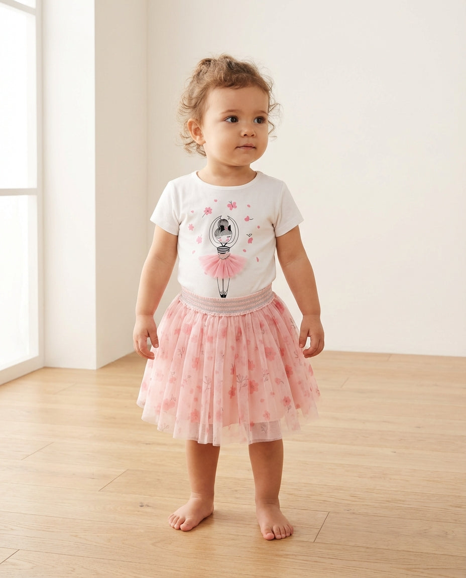 Taş ve Tül Detaylı Balerin Baskılı Beyaz Yazlık Kız Bebek Tişört | 6-18 Ay