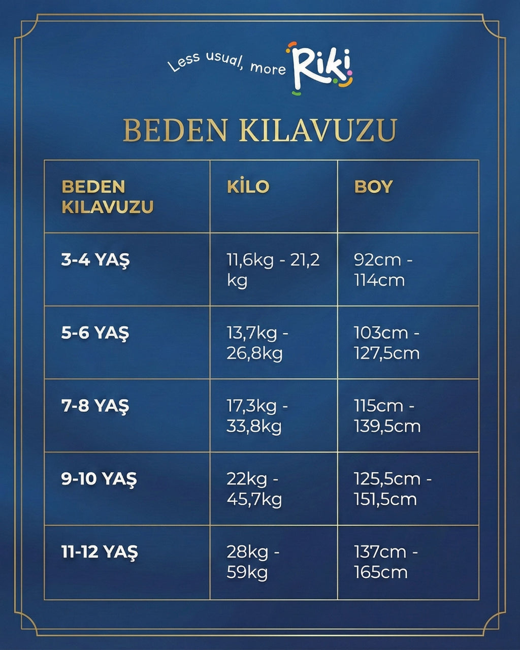 Riki çocuk giyim beden kılavuzu, 3-4 yaştan 11-12 yaşa kilo ve boy ölçü tablosu, organik pamuk koleksiyon