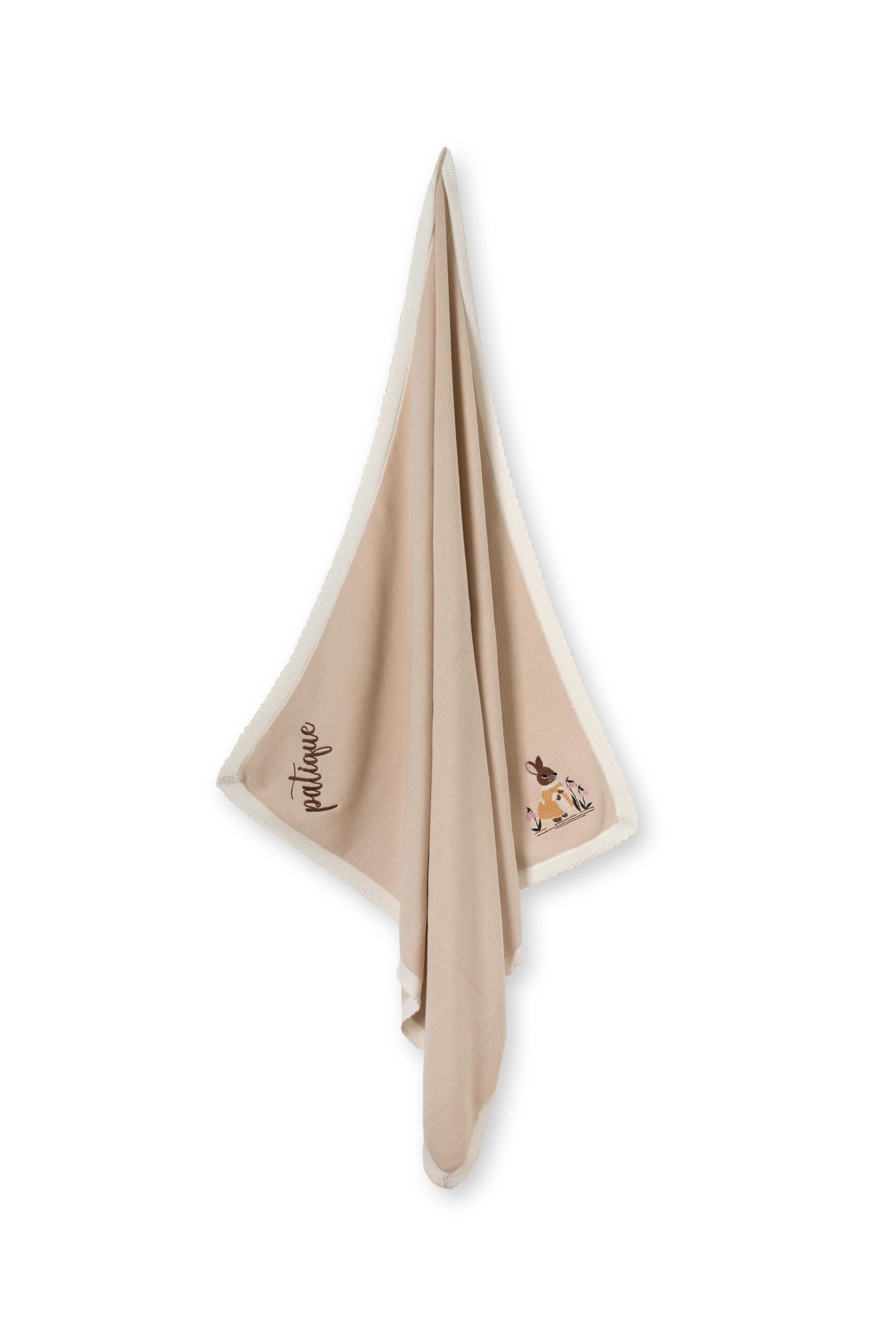 Organik Pamuk Bej Tavşan Nakışlı 3’lü Triko Bebek Takımı (Hırka, Pantolon, Battaniye)