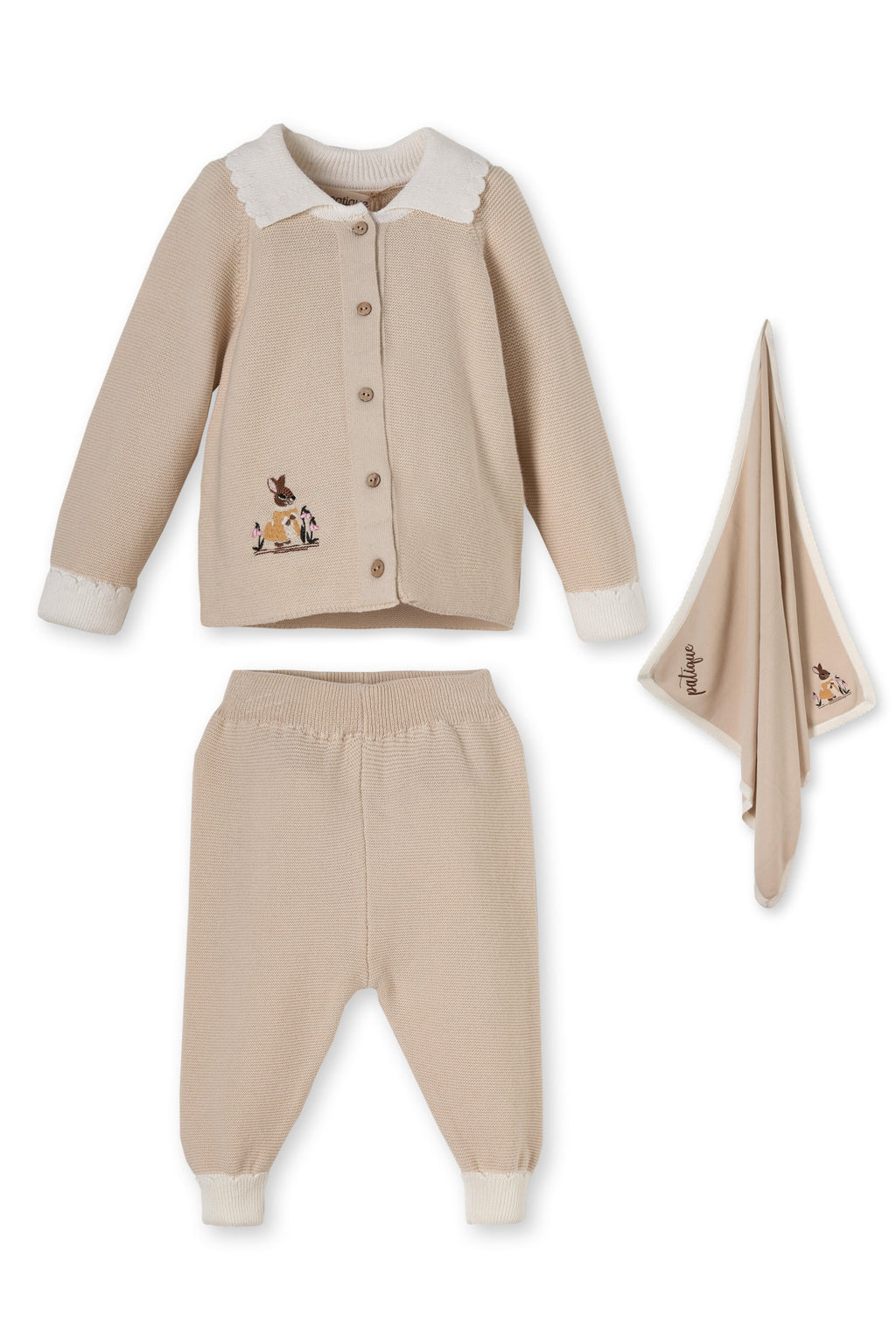Organik Pamuk Bej Tavşan Nakışlı 3’lü Triko Bebek Takımı (Hırka, Pantolon, Battaniye)
