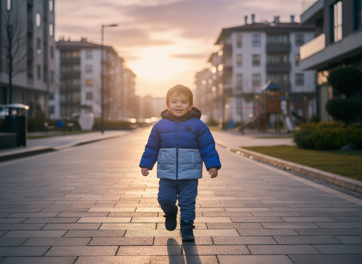 Benetton Erkek Bebek Açık Mavi-Gri Sol Göğsü Logo Yamalı Önü Cepli Kapüşonlu Fermuarlı Mont