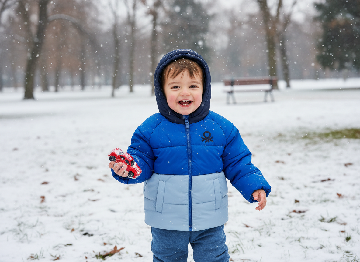 Benetton Erkek Bebek Açık Mavi-Gri Sol Göğsü Logo Yamalı Önü Cepli Kapüşonlu Fermuarlı Mont