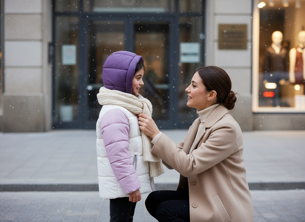 Benetton Kız Çocuk Ekru-Lila Sol Göğsü Logo İşlemeli Cepli Kapüşonlu Yüksek Yaka Mont