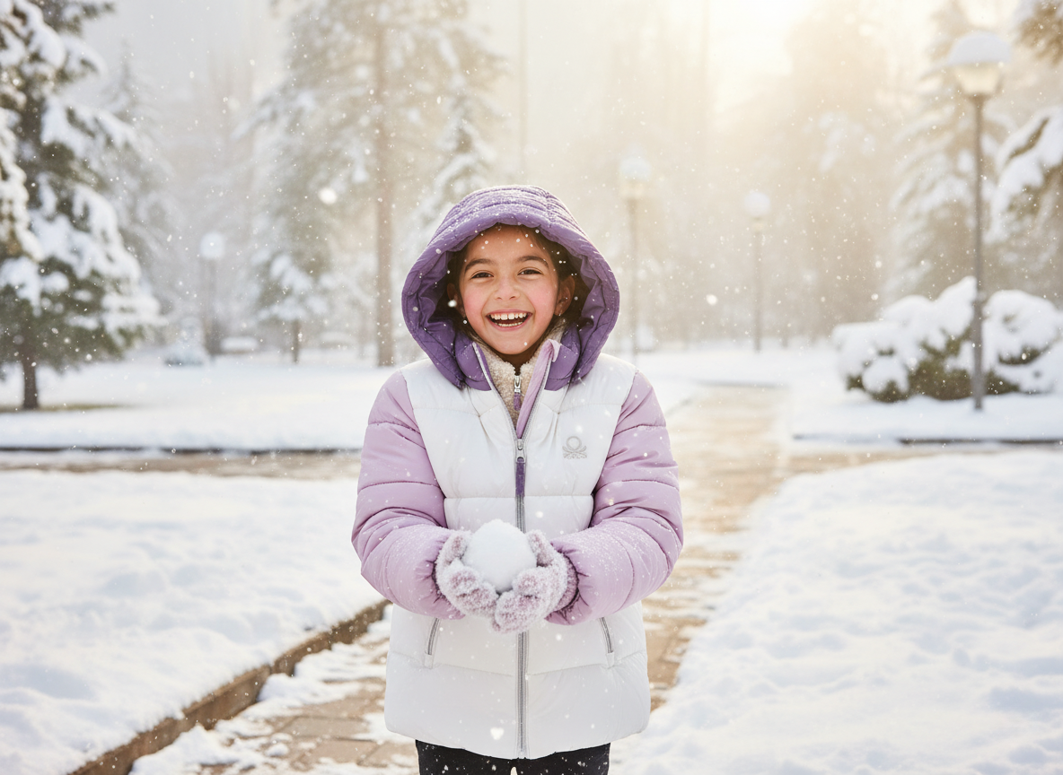 Benetton Kız Çocuk Ekru-Lila Sol Göğsü Logo İşlemeli Cepli Kapüşonlu Yüksek Yaka Mont