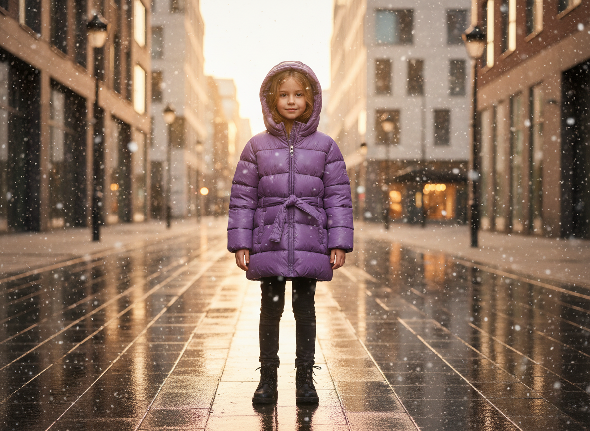 Benetton Kız Çocuk Mor Kolu Simli Logolu Beli Bağlamalı Kapüşonlu Dolgulu Mont