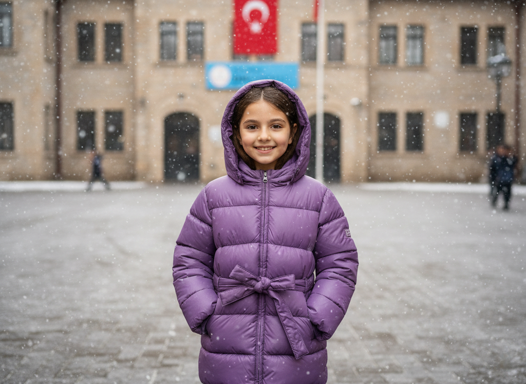 Benetton Kız Çocuk Mor Kolu Simli Logolu Beli Bağlamalı Kapüşonlu Dolgulu Mont