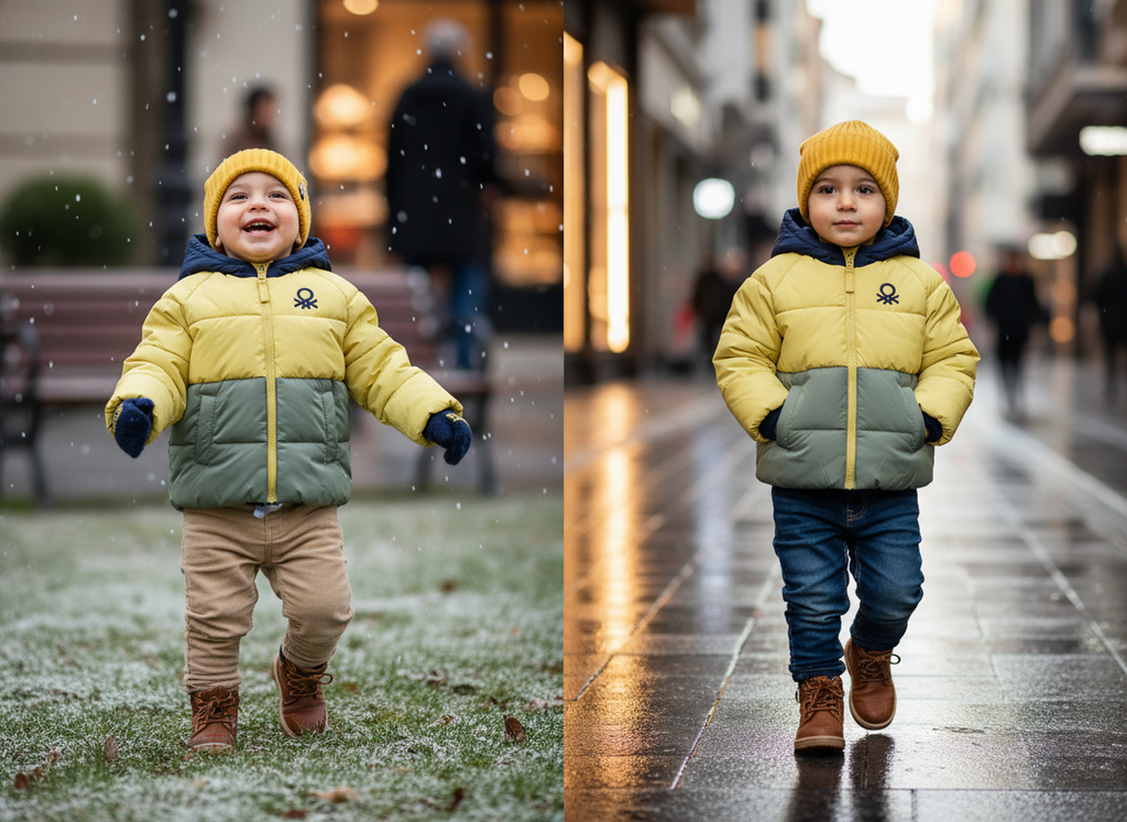 Benetton Erkek Bebek Sarı-Gri Sol Göğsü Logo Yamalı Önü Cepli Kapüşonlu Fermuarlı Mont