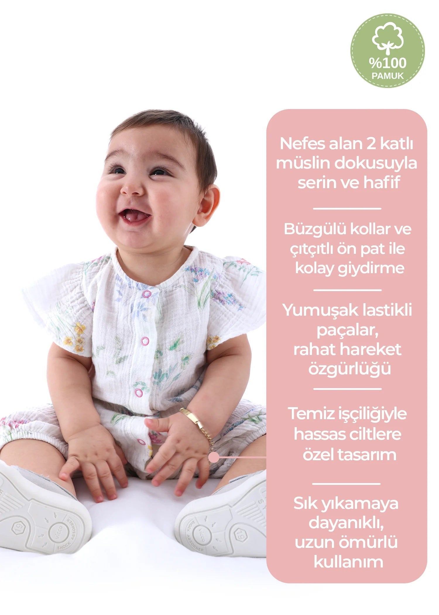 100% Pamuk Çiçek Desenli Yazlık Bebek Tulum