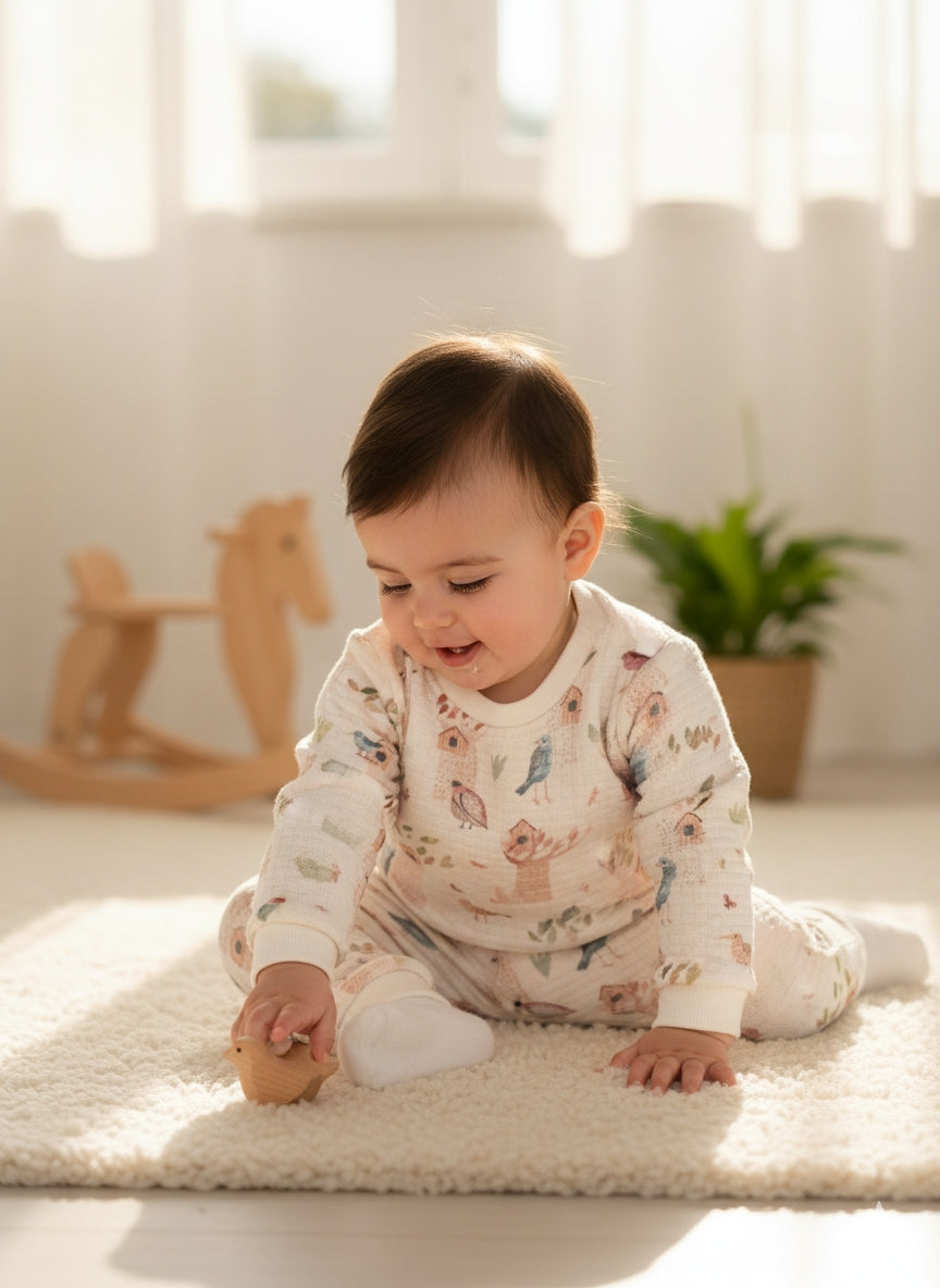 Organik Pamuk Kuş Desenli Bebek Pantolon – Özel Sepet Örgü Kumaş