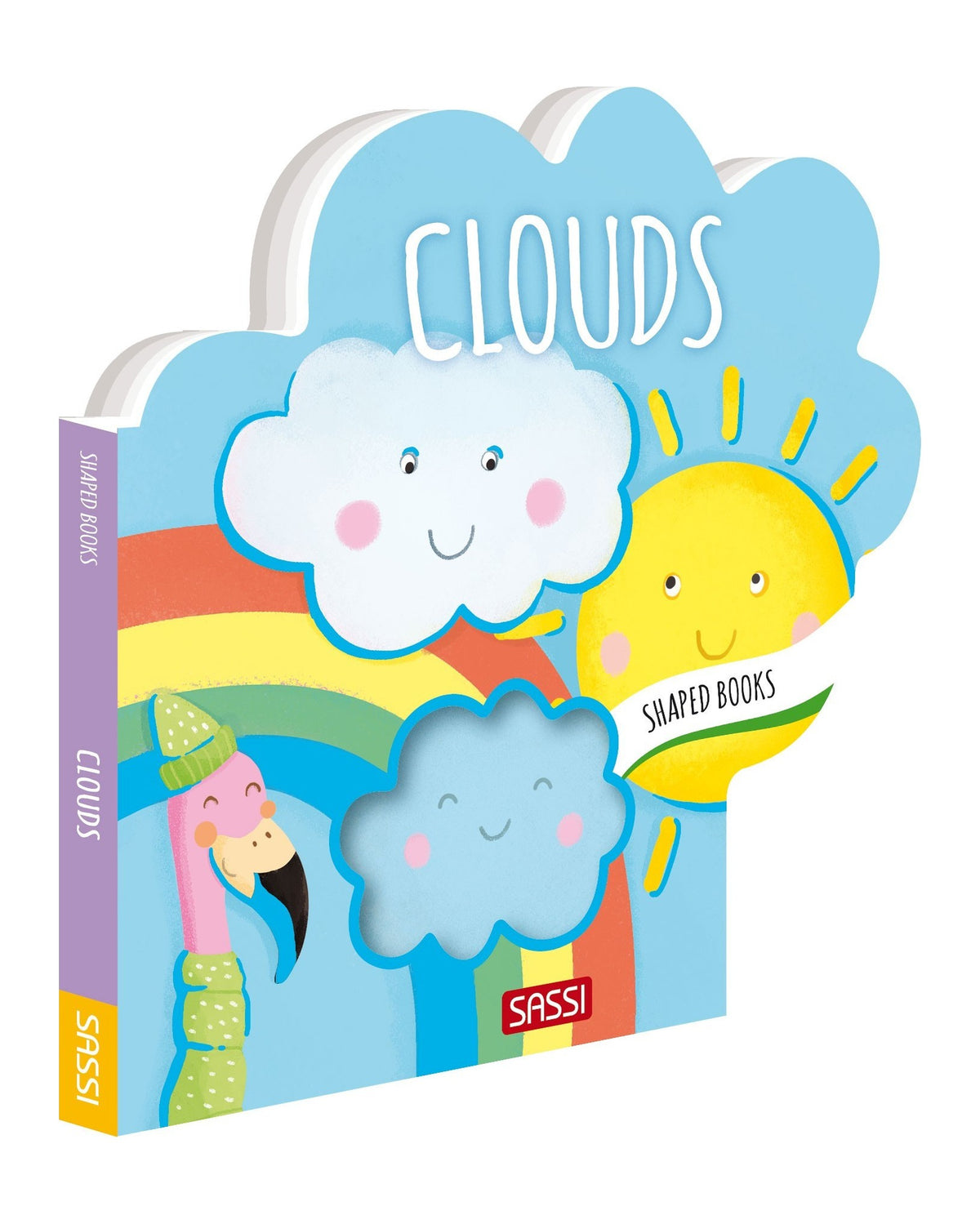 Shaped Books Clouds kitabının bulut biçimli kapağı, gülen bulutlar, güneş ve gökkuşağı