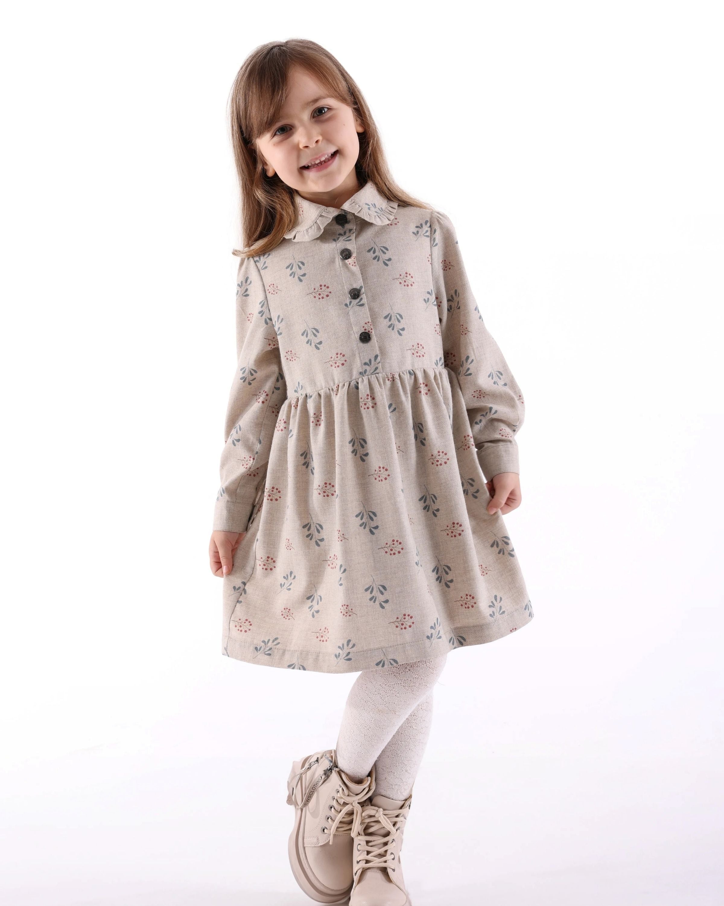 Çiçekli bebe yaka A-kesim kız çocuk elbise krem bej berry yaprak desen beyaz tayt bej bot 5-12 yaş