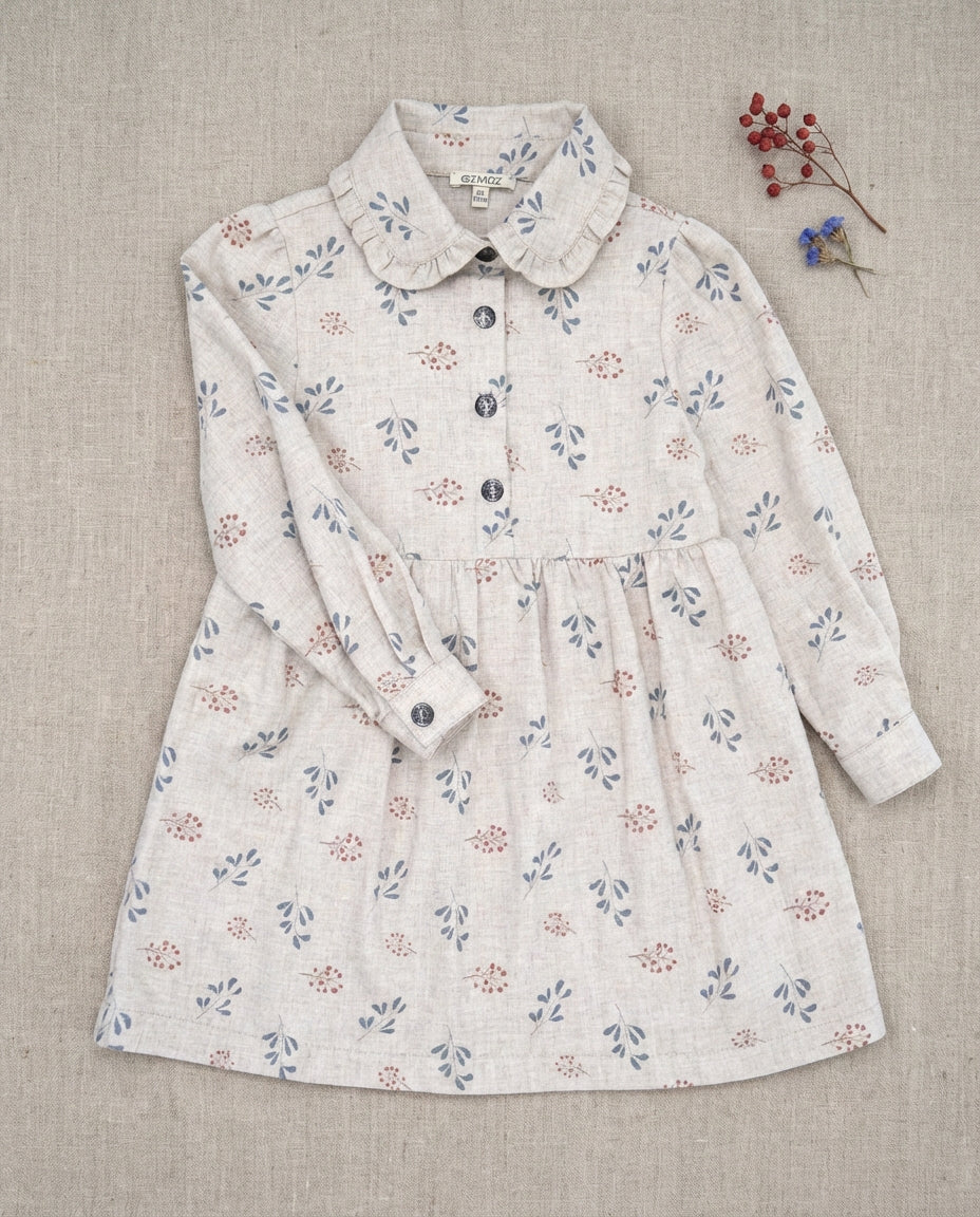 Ozmoz çiçekli bebe yaka kız çocuk elbise düz çekim mavi yaprak kırmızı berry desen fırfırlı yaka 5-12 yaş