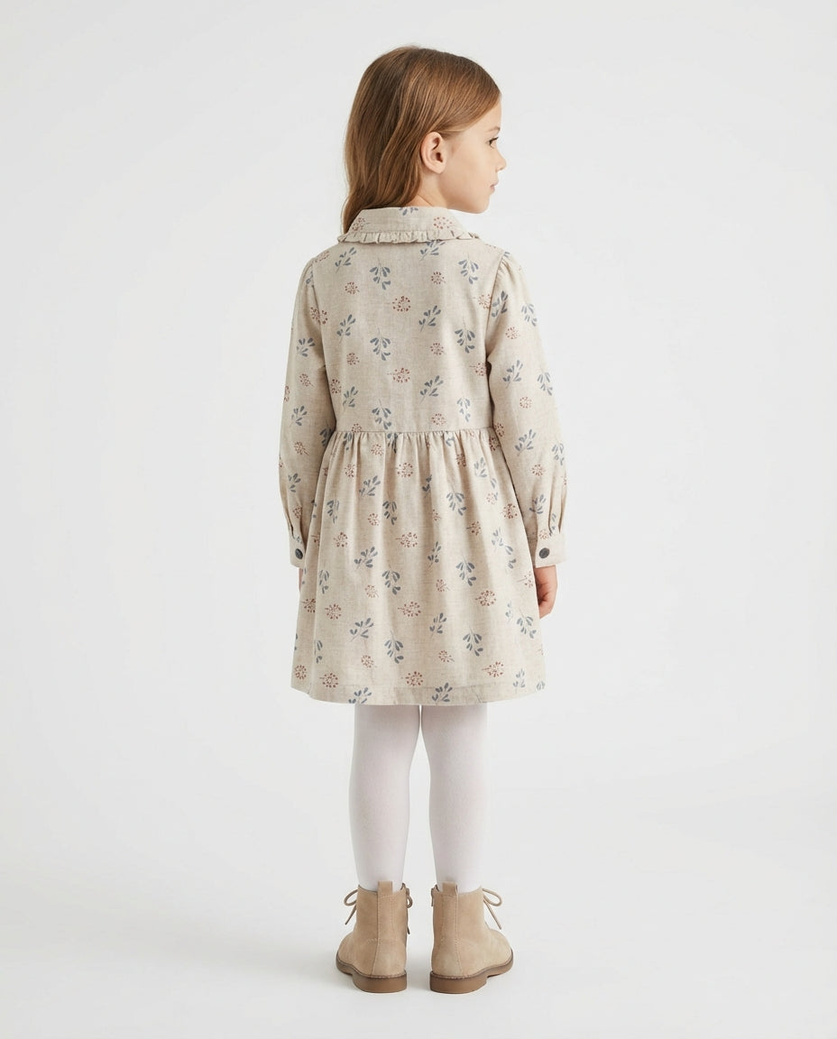 Çiçekli bebe yaka A-kesim kız çocuk elbise arka görünüm krem berry yaprak desen uzun kol manşet detayı