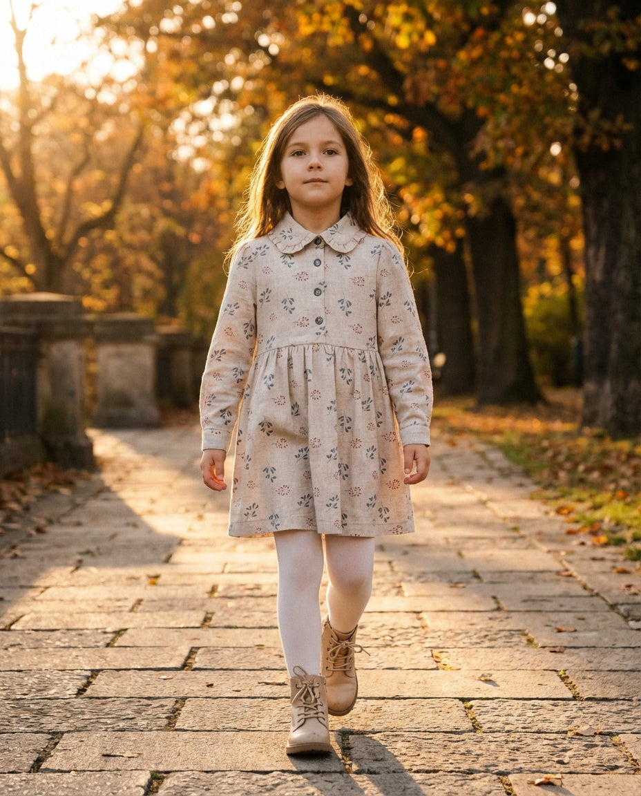 Çiçekli bebe yaka A-kesim kız çocuk elbise sonbahar park lifestyle altın ışık taş yol doğal ortam 5-12 yaş