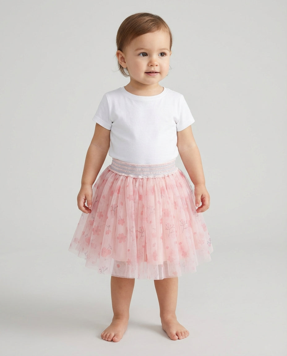 Çiçek Baskılı Pembe Kız Bebek Tütü Etek | 6-18 Ay