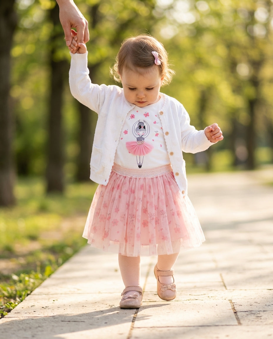 Ozmoz beyaz hırka pembe tül etek kombin kız bebek bahar park dış mekan lifestyle