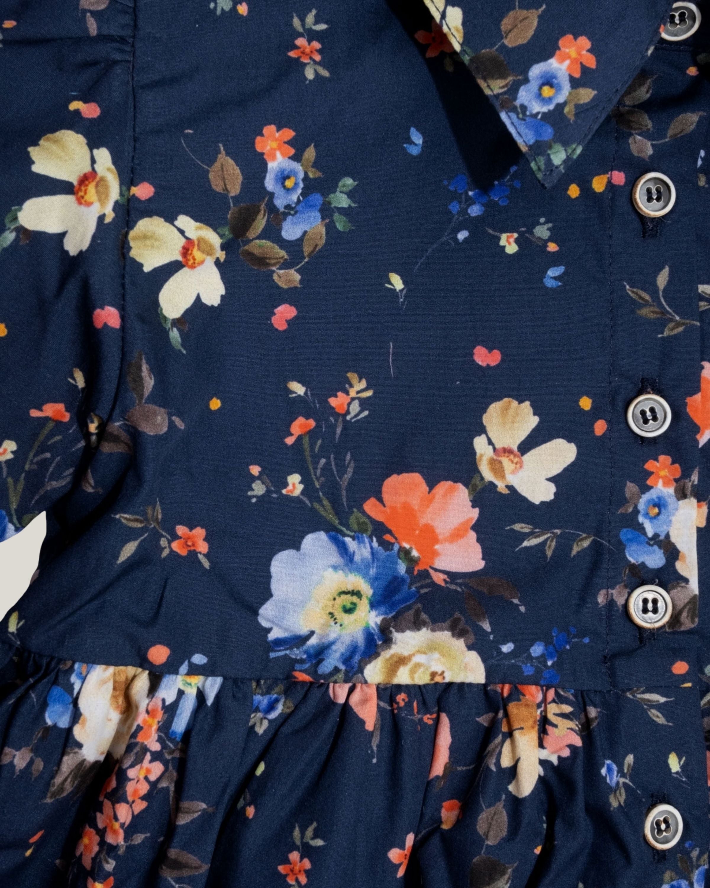 Ozmoz çiçek desenli lacivert kız çocuk elbise yakın görünüm stüdyo 5-12 yaş