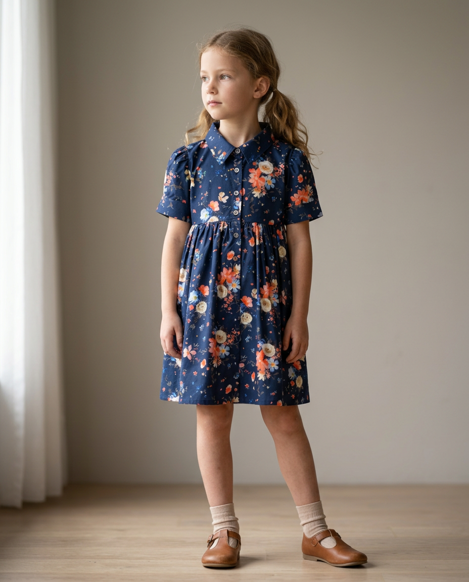 Ozmoz çiçek desenli lacivert %100 pamuk yazlık kız çocuk elbise 5-12 yaş baha