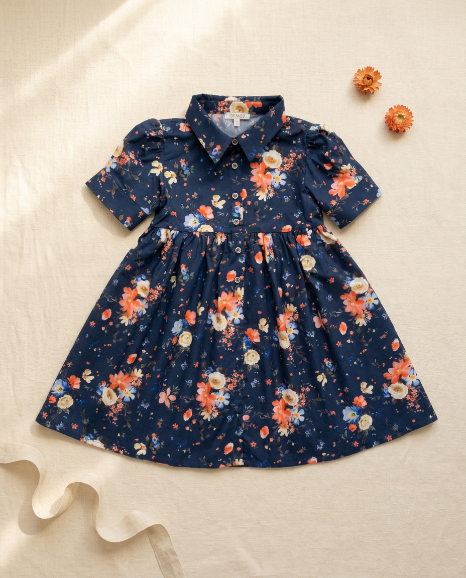 Ozmoz lacivert çiçek baskılı kız çocuk elbise flat lay krem linen ön görünüm