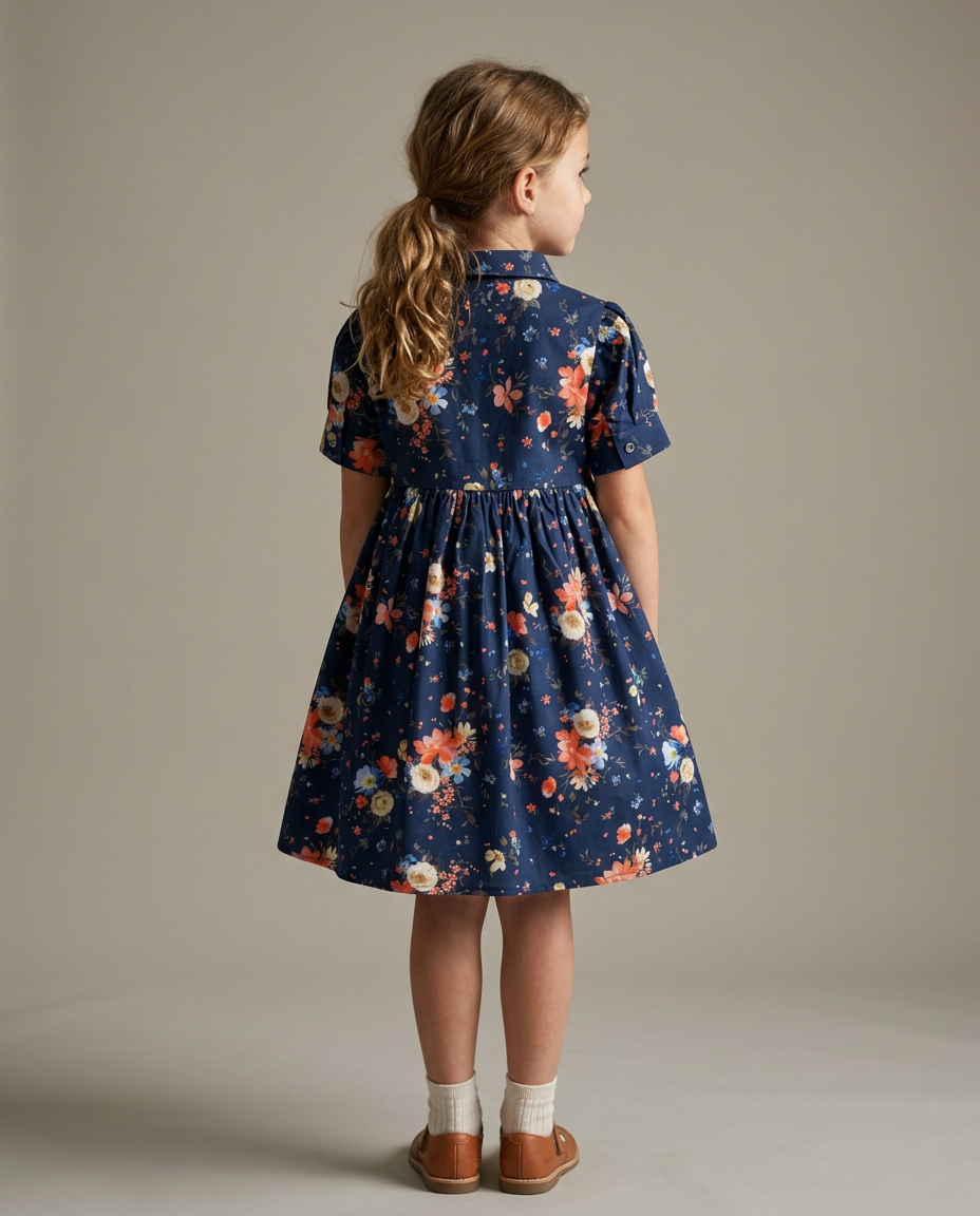 Ozmoz çiçek desenli lacivert kız çocuk elbise arka görünüm stüdyo 5-12 yaş