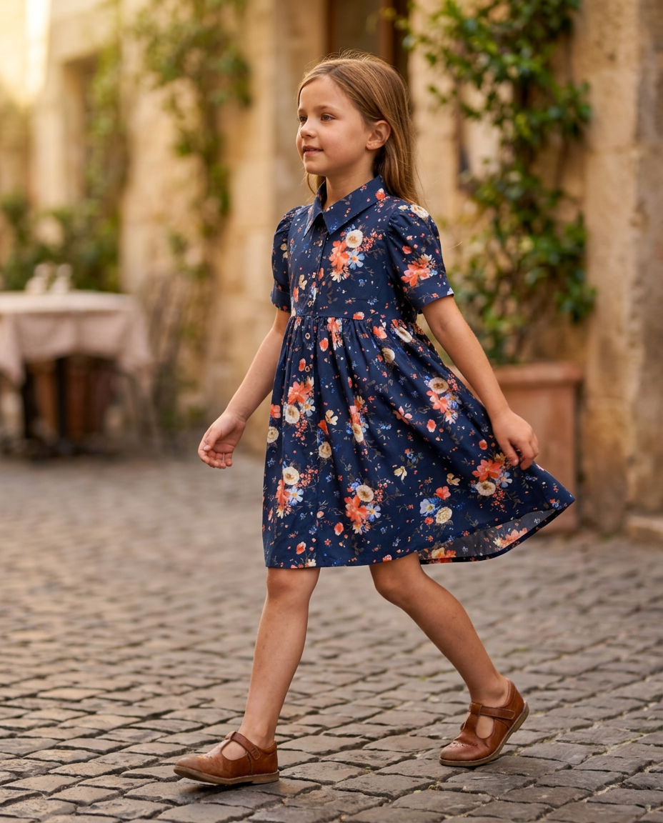 Ozmoz lacivert çiçek elbise kız çocuk taş sokak bahar yürüyüş lifestyle 5-12 yaş