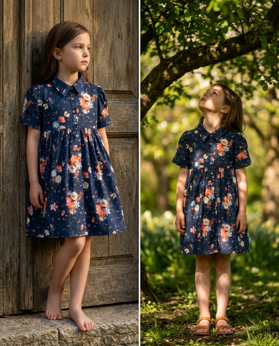 Ozmoz lacivert çiçek kız çocuk elbise ahşap kapı ve doğa editorial bahar lifestyle