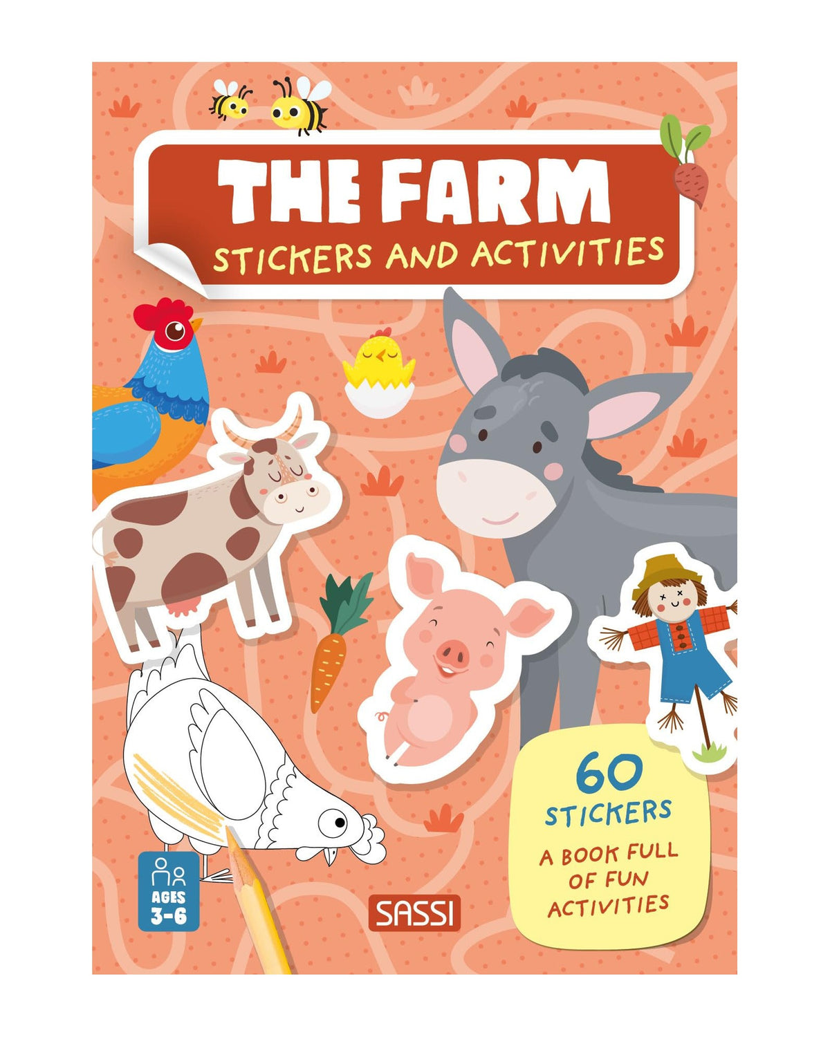 Stickers and Activities The Farm kapağı, turuncu zeminde inek, eşek ve çiftçi kız
