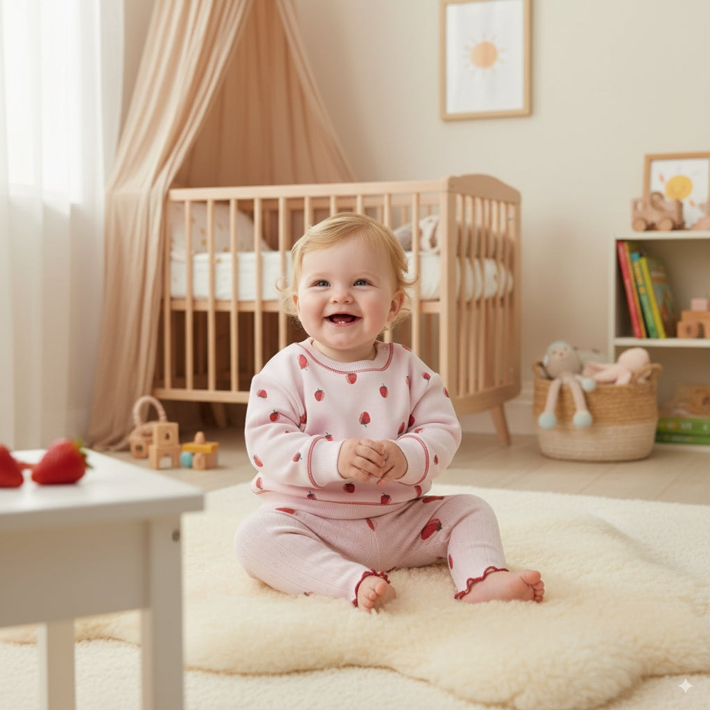 Organik Pamuk Bebek Sweatshirt & Pantolon Set – Çilek Desenli