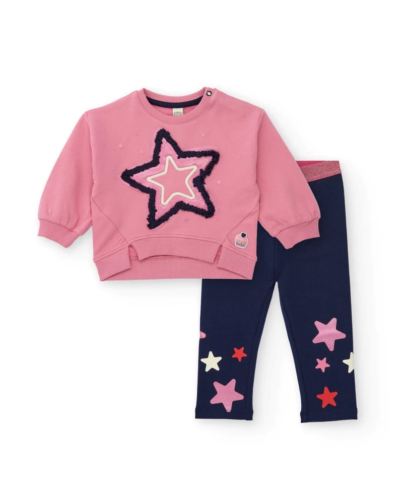 Tuc Tuc Kız Çocuk Pembe Yıldızlı Sweatshirt & Lacivert Yıldız Baskılı Tayt Takımı