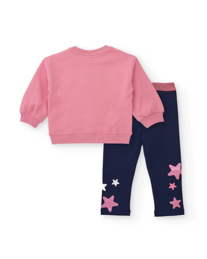 Tuc Tuc Kız Çocuk Pembe Yıldızlı Sweatshirt & Lacivert Yıldız Baskılı Tayt Takımı