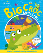 Big Croc Little Croc sihirli mercekli saklambaç kitabı, ön kapak: dürbünlü yeşil timsah
