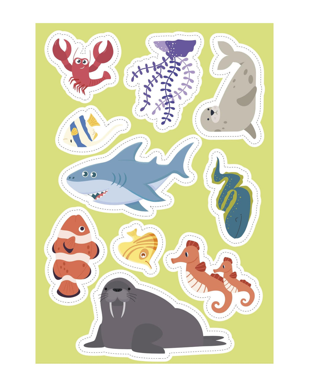 Yeşil zeminli sticker sayfası, mors, ıstakoz ve balık sticker'ları