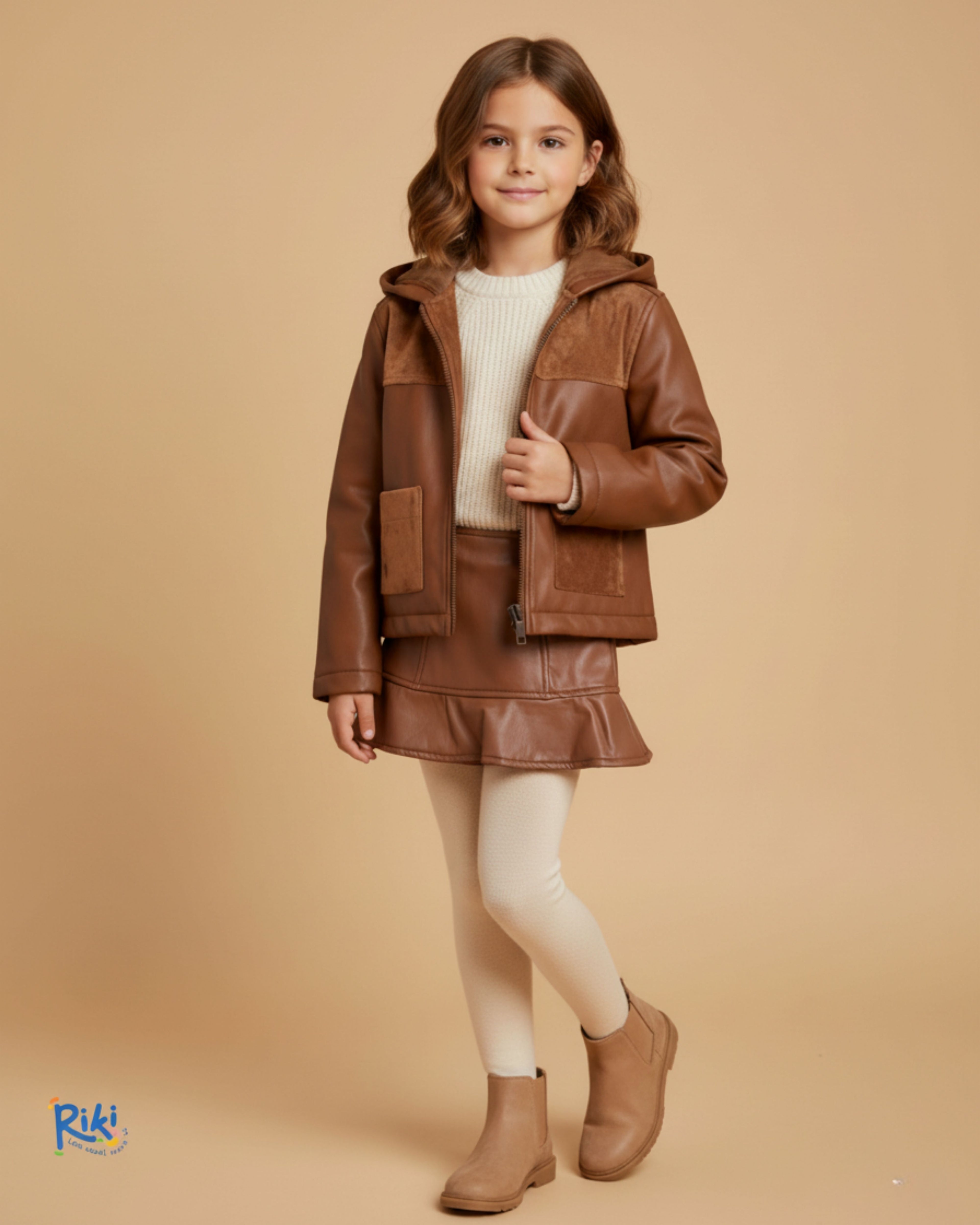 Karamel Suni Deri Kadife Astarlı Kız Çocuk Mini Etek | Kışlık Pileli Model